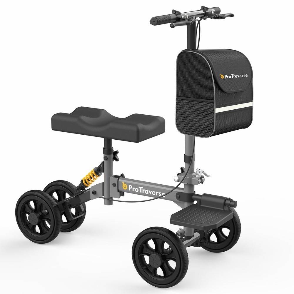 All Terrain Knee Scooter Walker-Foldable-Steerable-Dual Brakes-Grey-Up To 300lbs