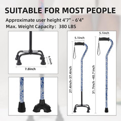 Floral Quad Cane for Women Adjustable Walking Support with 3-in-1 Base Stylish