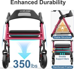 Foldable Rollator Walkers for Seniors with Seat, 16″ Enlarged Seat | 350 Lb Stur
