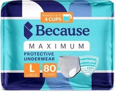 Because Maximum Incontinence Underwear for Men, L, 80 Count, Grey