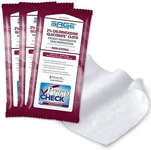 Sage Products 2% Chlorhexidine Gluconate PreOp Prep – 3 Packs= 6 Cloths Total