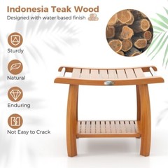 2-Tier Teak Wood Bath Storage Bench Shower Stool With Curved Seat and Handles