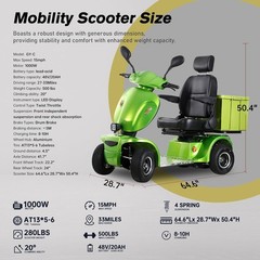 1000W 4-Wheel Heavy Duty Seniors Mobility Scooter 48V 20Ah 15 mph 33 Miles 500lb