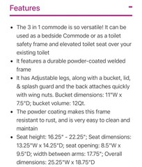 3-in-1 Bedside Commode, Adjustable Height, Steel Frame, 350 lb, Gray Nova 8450