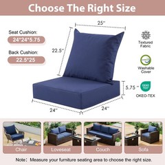 MuaMelop Outdoor Deep Seat Cushion Set, 24×24 24*24+5.75/25*22.5″, Navy Blue