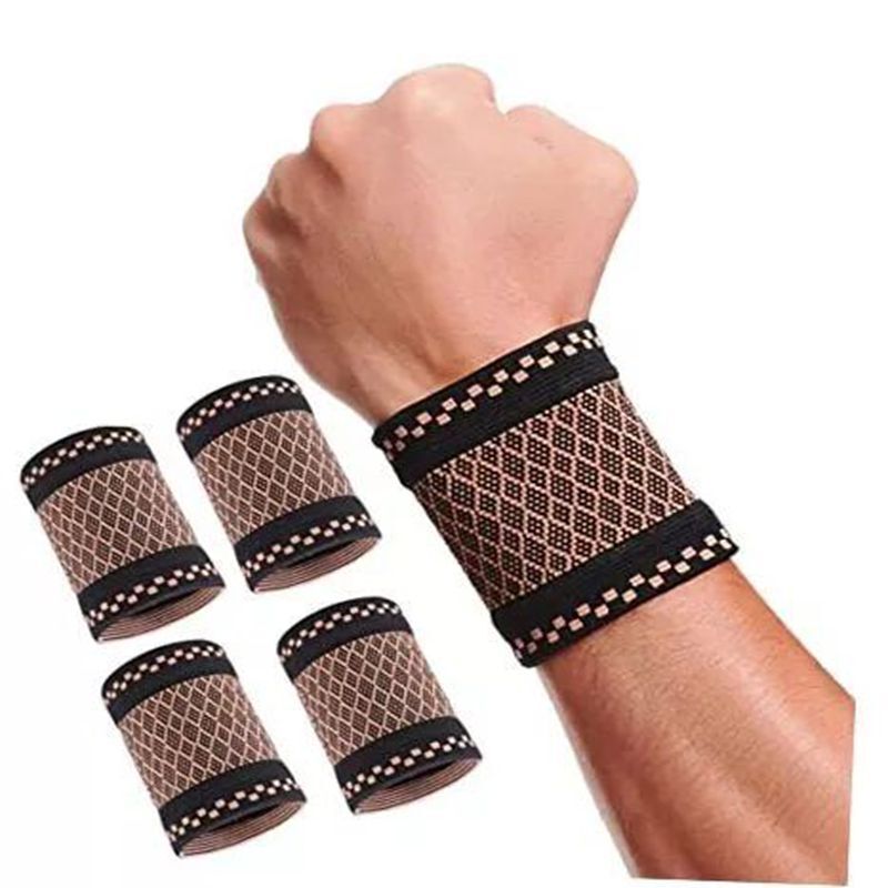 4 PCS Copper Sports Wrist Band Brace Wrap Adjustable Support Strap Carpal Tunnel