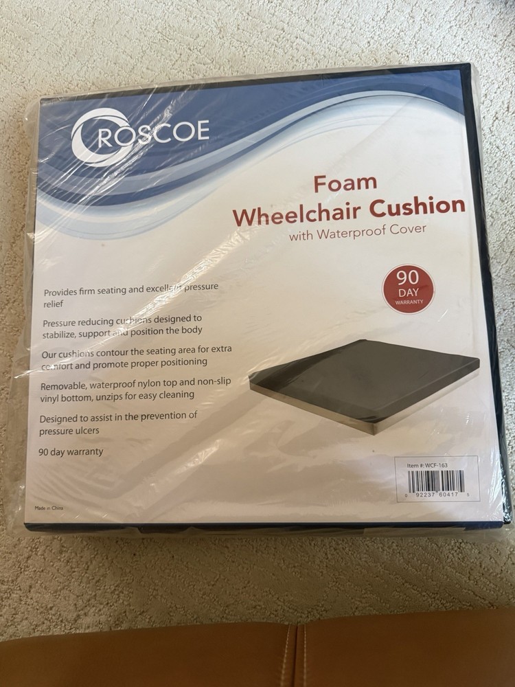 NEW SEALED Roscoe Foam Wheelchair Cushion With Waterproof Cover 16×16