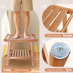 Waterproof Bamboo Shower Bench Stool with Storage Shelf – Spa Bathroom Chair