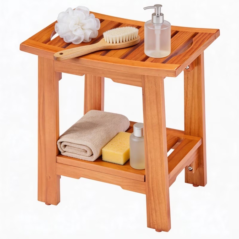 Adjustable Non-Slip Teak Shower Bench Spa Stool for Small Bathrooms Tub Seat for