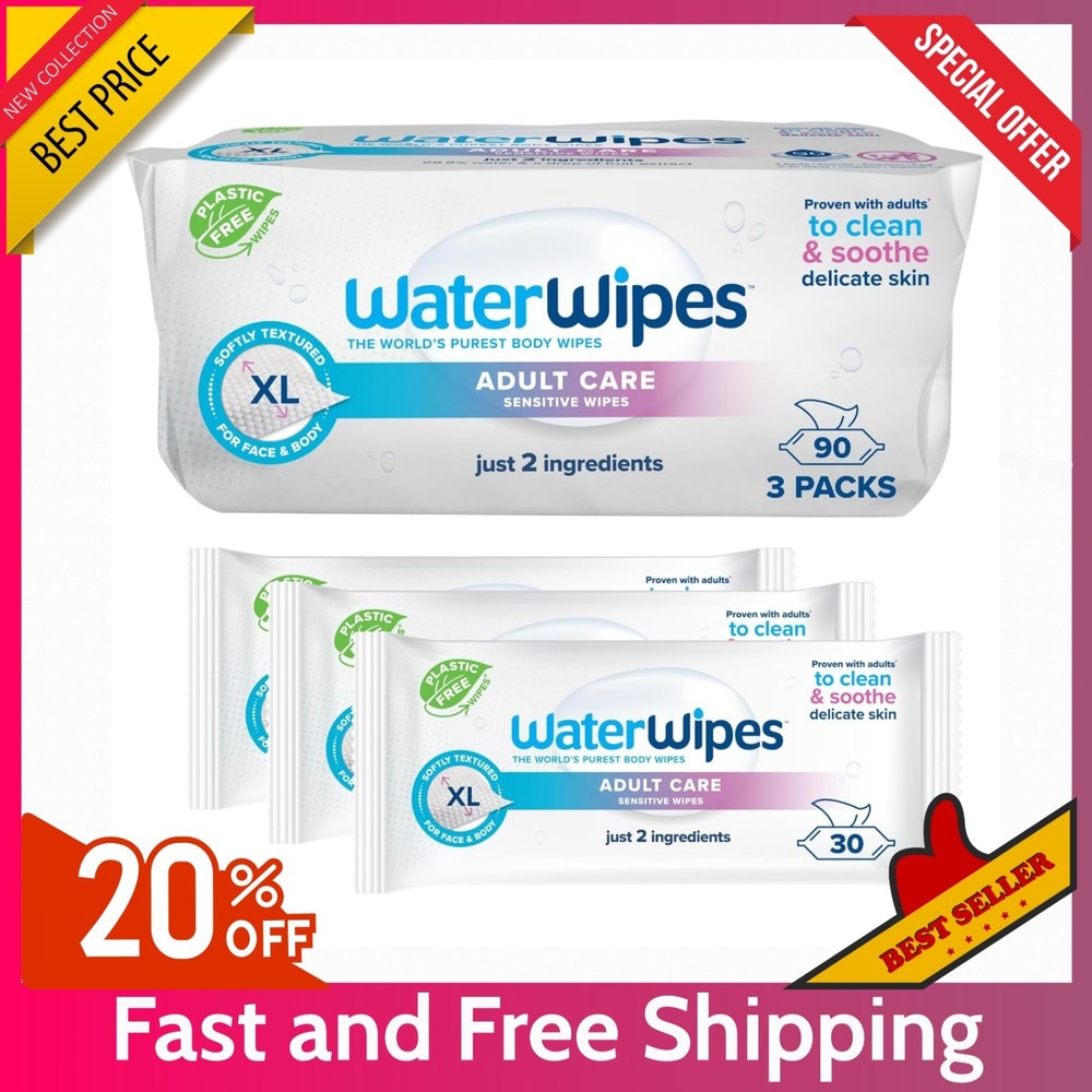 3 Pack WaterWipes for Adults – 90 Sensitive XL Wipes, 99.9% Water, Daily Use New