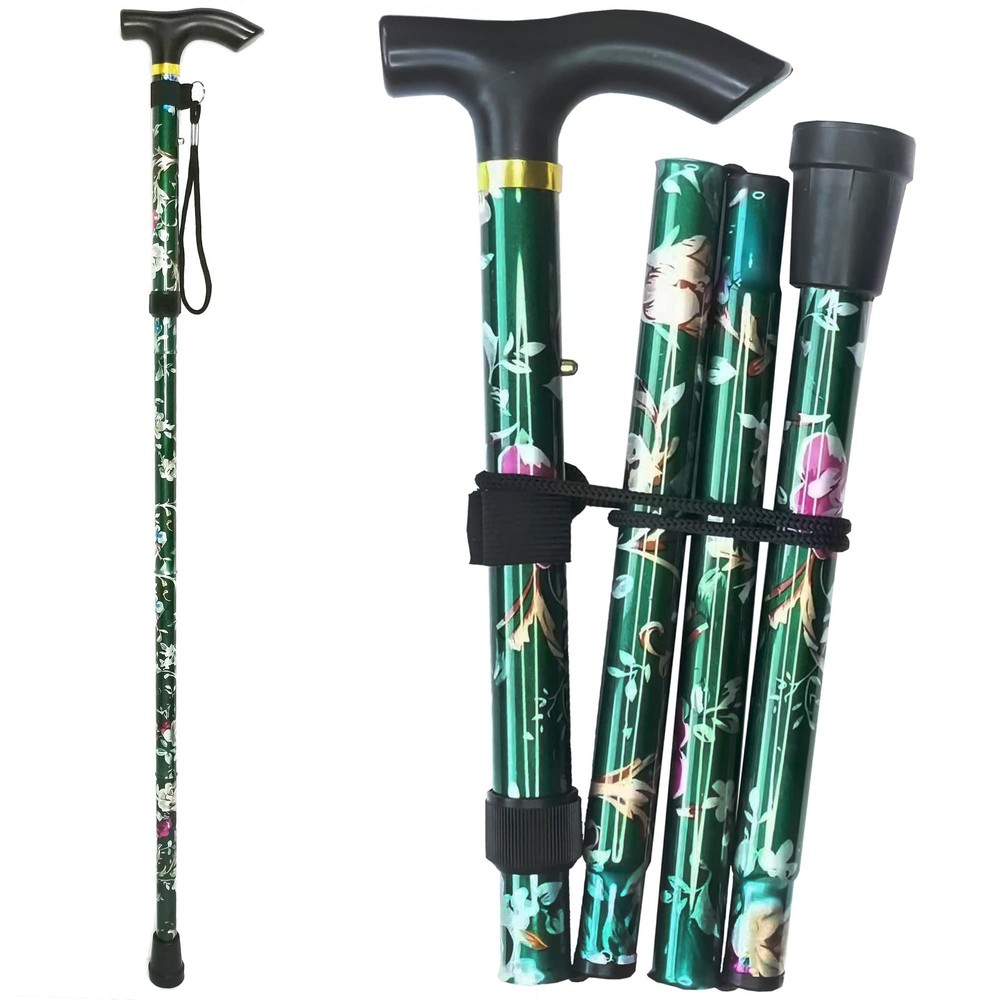 Folding Cane, 5-Level Adjustable Height 11×5.5×1 inch, Floral Green