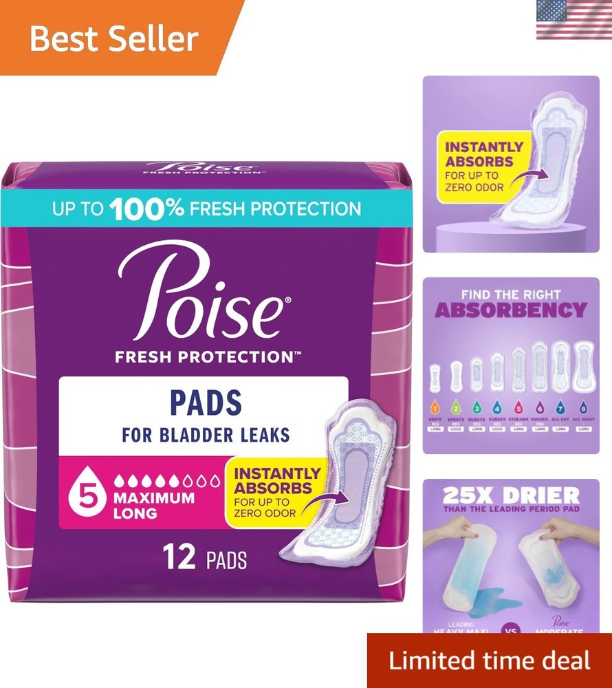 5 Drop Maximum Absorbency Incontinence & Postpartum Pads – 12 Count, Long Length