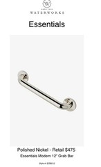 Waterworks Essentials Classic 12” Bathroom Grab Bar POLISHED NICKEL