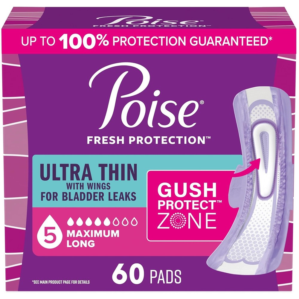 Poise Ultra Thin Incontinence Pads with Wings Long Size 60 Count Bladder Leak