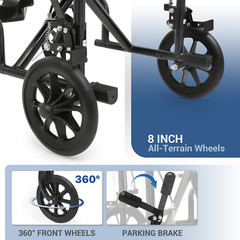 [FDA APPROVED]Foldable Lightweight Transport Wheelchair w/Handbrakes & Seat Belt