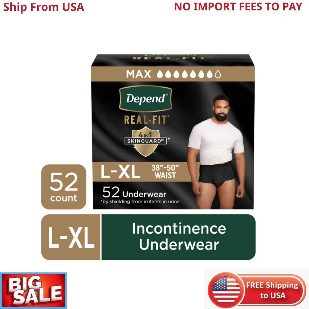 Depend Real Fit Incontinence Underwear for Men, Adult Diapers, L/XL, Black, 52c