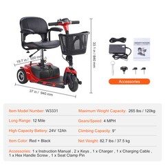 VEVOR 3-Wheel Folding Mobility Scooter for Seniors 12 Mile Range 265LBS Capacity