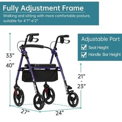 Elenker Rollator Walker Medical Mobility with 10″ Wheel Adjustable Seat Arms