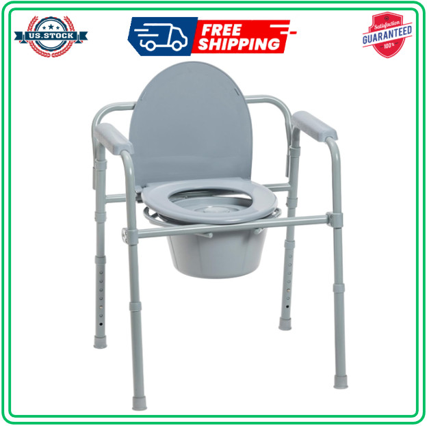 Drive Medical Folding Bedside Commode – Steel Frame, 350 lbs Capacity, Grey