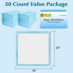 50 Count 36”X 36” Super Absorbency Disposable Underpads, Leakproof Quick Drying