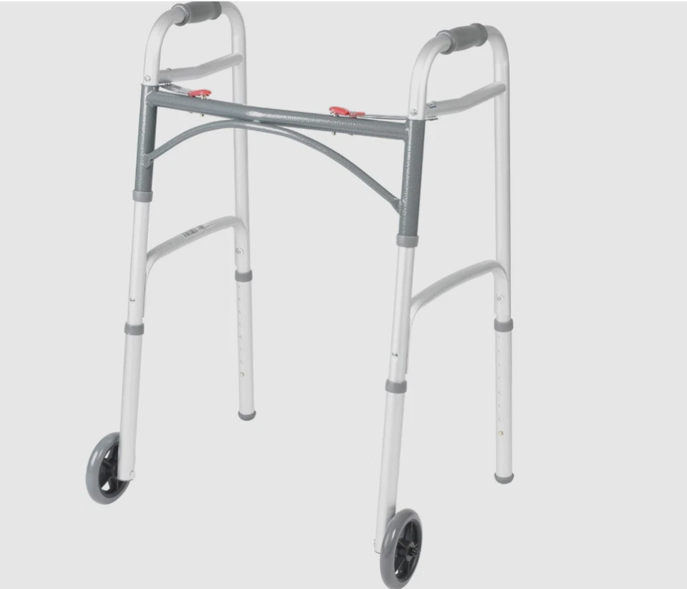 Drive Medical Two-Button Folding Walker with Wheels Lightweight Silver