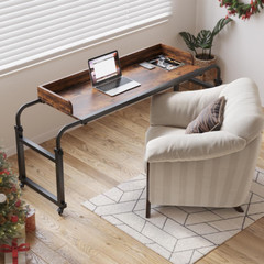 Adjustable Overbed Table with Wheels – Rustic Brown Bed Desk for Laptop Use