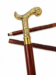 Antique Style Floral Brass Handle with 36in Carved Wood Walking Cane Collapsible