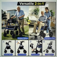 2 in 1 Rollator Walker & Transport Chair, Folding, 450 Lbs, 10” R/8” F Wheels
