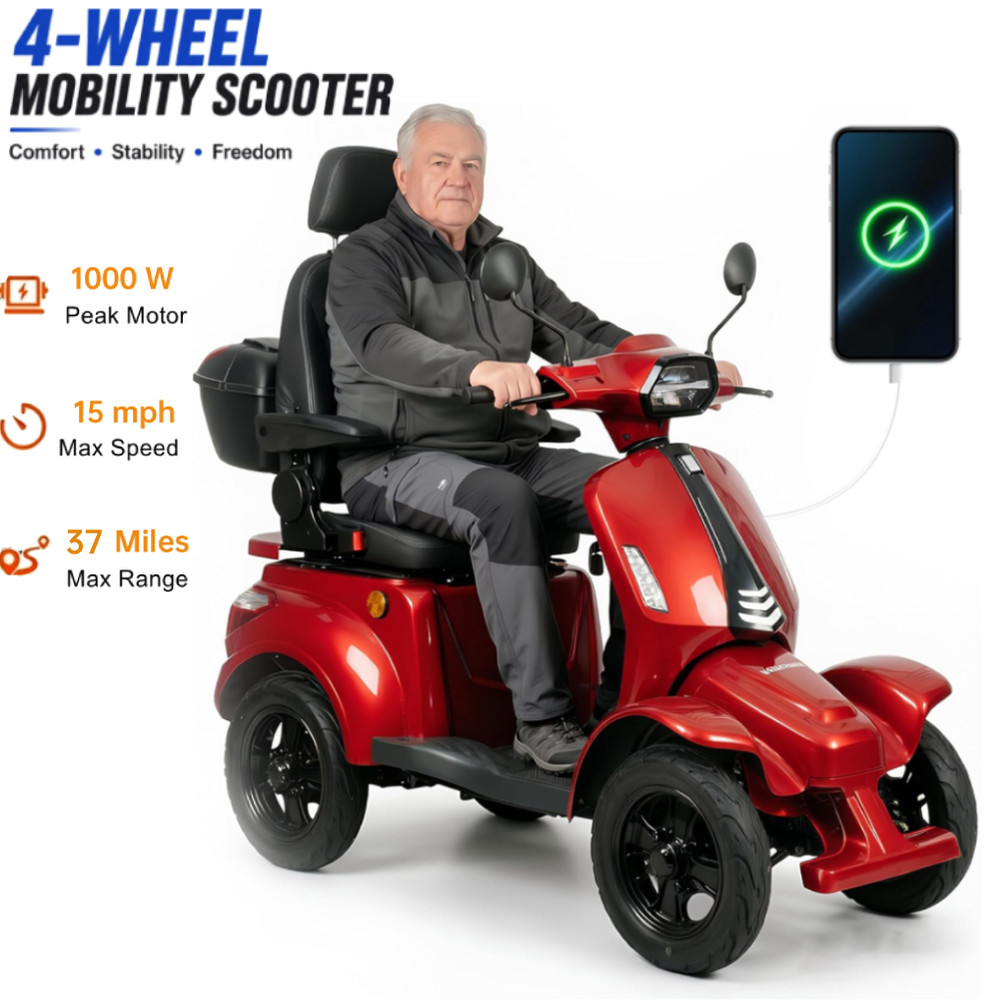 4 Wheel Mobility Scooter 1000W for Seniors & Adults 37 Miles Disc brake 500 LBS