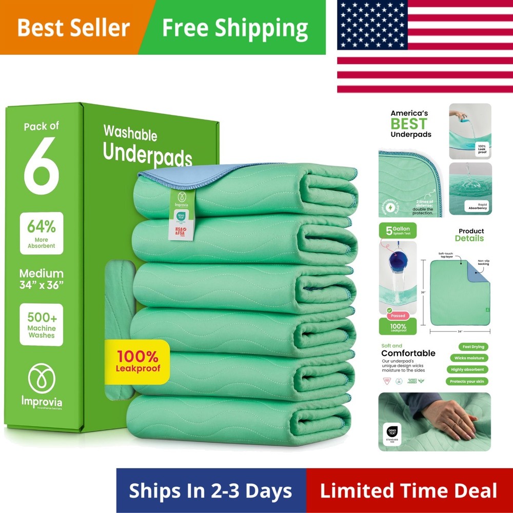 Washable Underpads, 34″ x 36″ Pack of 6 – Heavy Absorbency Reusable Incontine…