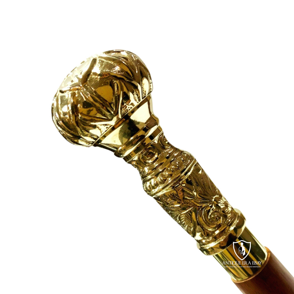 Vintage Crocodile Brass Handle Wood Walking Stick Cane Vintage Style Solid Gift