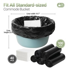 Commode Liners with Absorbent Pads, 100 Bedside Commode Liners and 40 Commode Pa