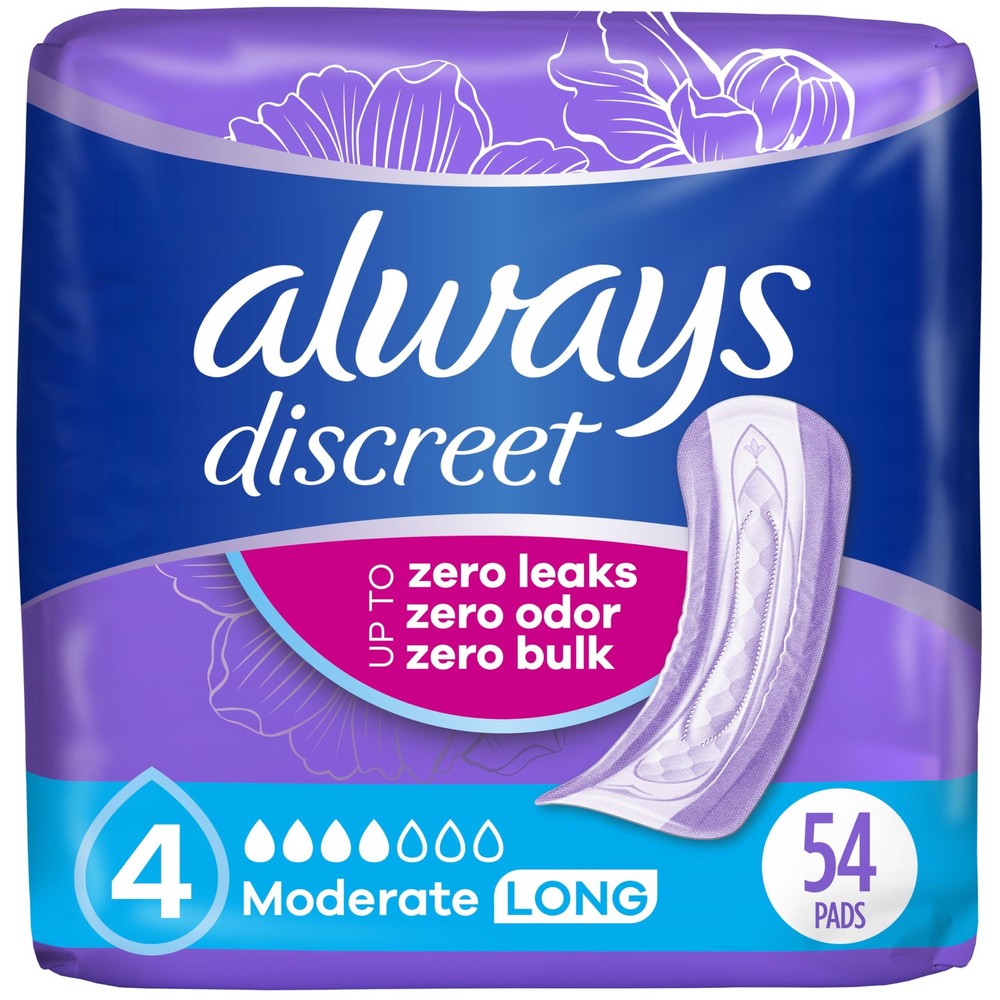 Always Discreet Incontinence Pads Moderate Absorbency Long Length 54 Count