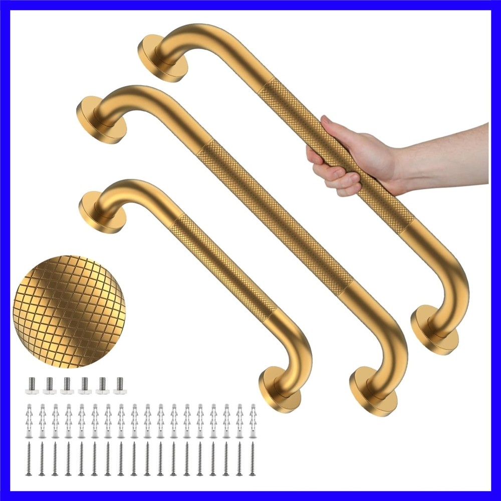 3 Pack Anti Slip Safety Grab Bar Bundle, 12″ 16″ 16″ Gold Commercial Bathroom…
