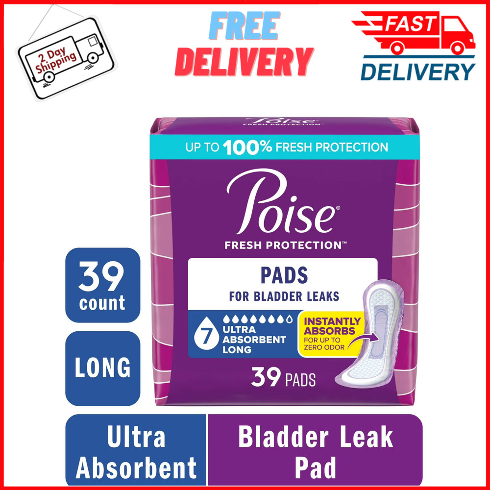 Poise Incontinence & Postpartum Pads, 7 Drop Ultra Absorbent Long Length, 39 Ct