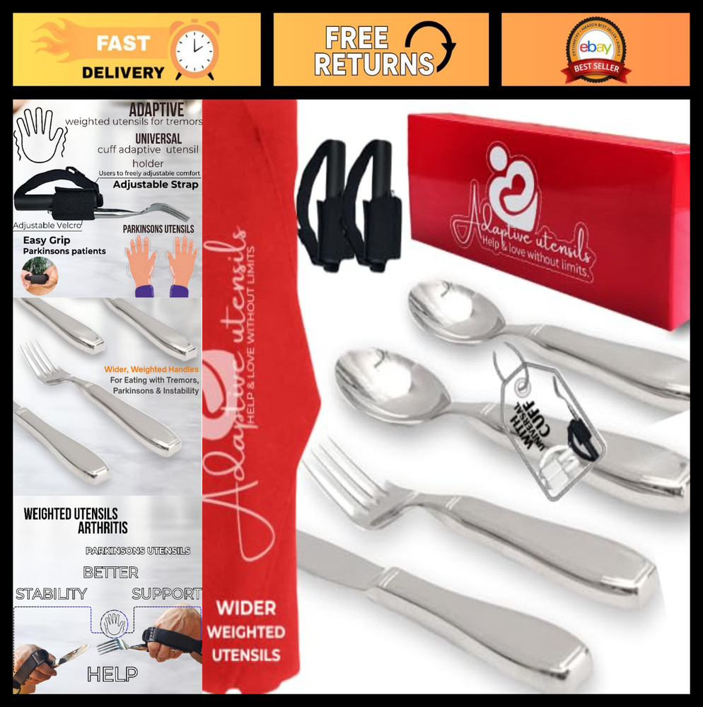 Weighted Utensils for Hand Tremors & Parkinson’s | 4-Piece Set with Easy Grip Cu