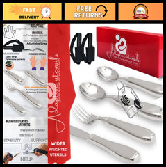 Weighted Utensils for Hand Tremors & Parkinson’s | 4-Piece Set with Easy Grip Cu