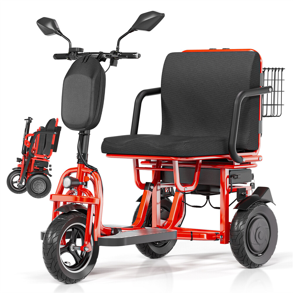 700W 3-Wheels Portable Double Motor Folding Electric Power Red Mobility Scooter