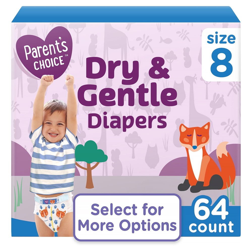 Parent’s Choice Dry & Gentle Diapers Size 8, 64 Count (Select for More Options)