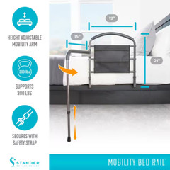 19 In. Mobility Bed Rail with Swiveling Bed Handle and Adjustable Legs in Brown