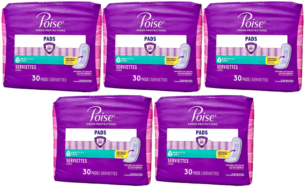 Poise Light Regular Length #3 Light Absorbency Pads, 30 Pads-Pack of 5=150 Pads