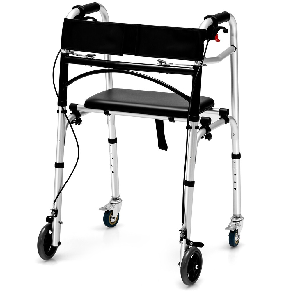 2-Button Folding Walker Height Adjustable Walking Aid with Seat 4 Wheels Brakes