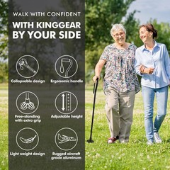 Folding Adjustable Quad Base Walking Cane KingGear F1 Self Standing Black