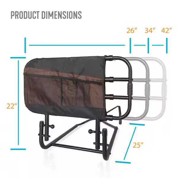 EZ Adjustable Bed Rail, 26-42 in., Swing-down Safety Railing and Pouch, Black