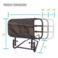 EZ Adjustable Bed Rail, 26-42 in., Swing-down Safety Railing and Pouch, Black