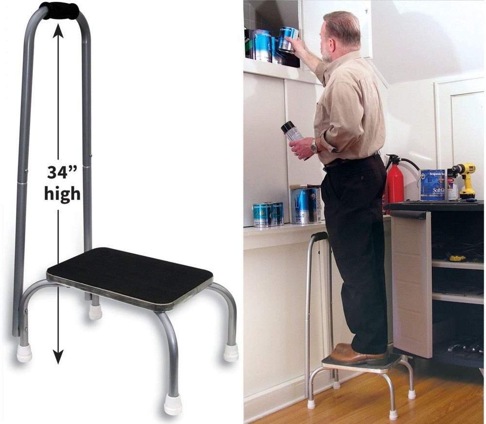 Step Stool Long Handle Non Slip Rubber Step Handrail Medical Heavy
