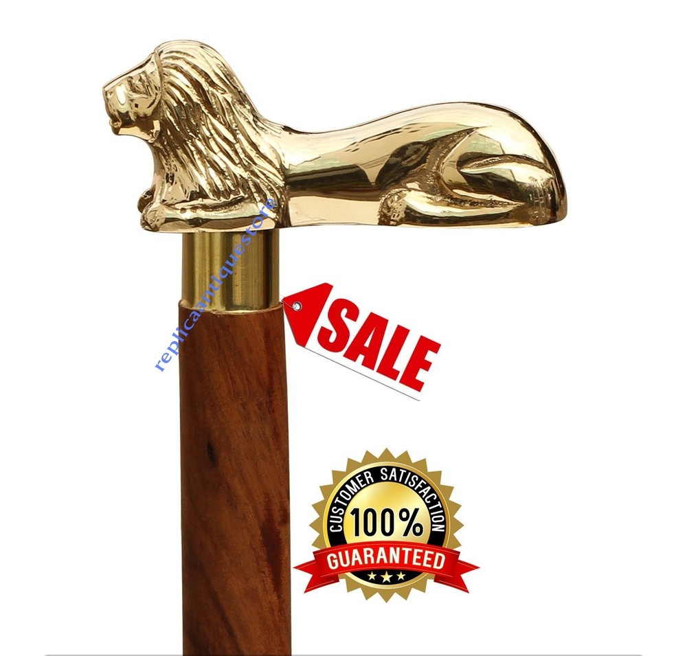 Lion Handel Brown Wooden Walking Stick-3 fold Wooden transit Adult Cane-37 inch
