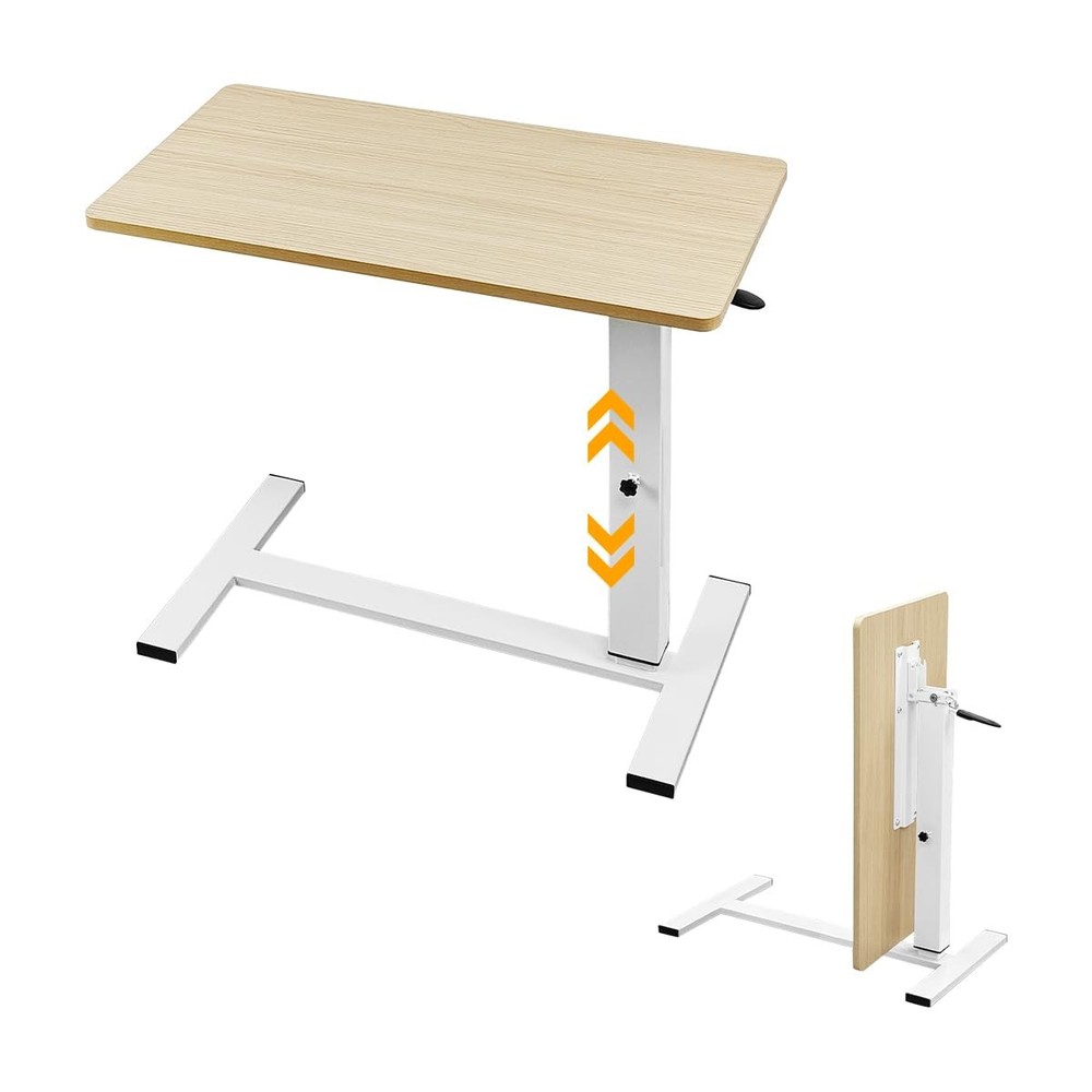 Foldable Overbed Table with Wheels Bedside Desk Natural Wood