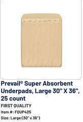 25 each Large 30”x36” Prevali Super Absorbent Underpads