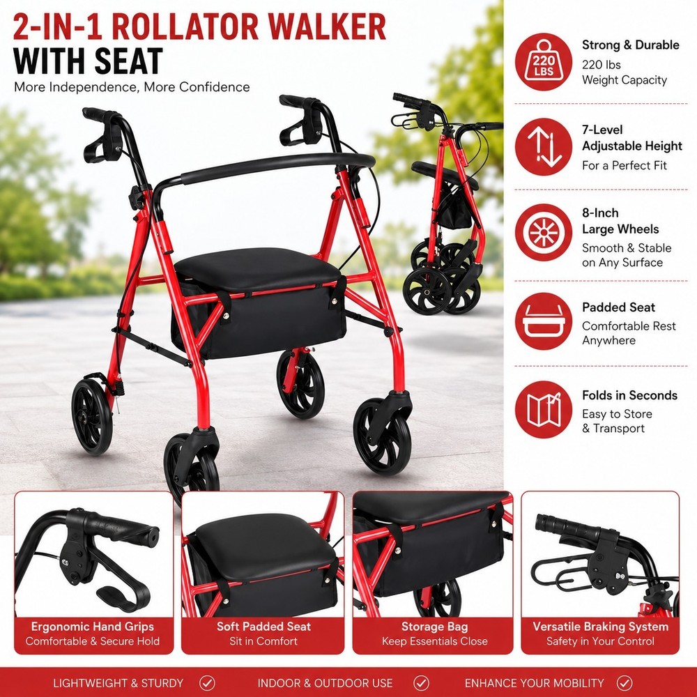 2-in-1 Rollator Walker with Seat, Foldable, 8″ Wheels, Adjustable Height